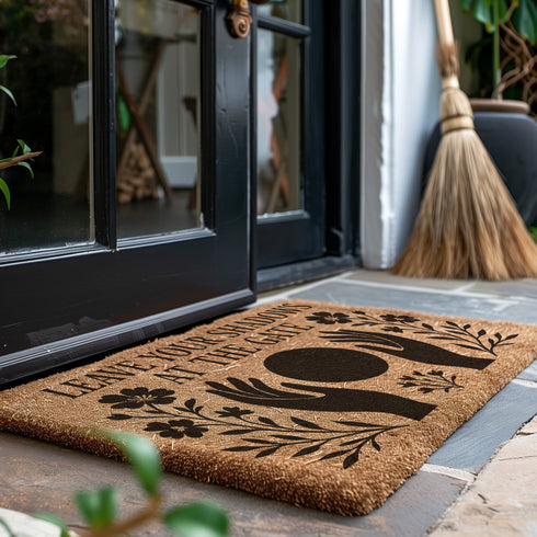 A rectangular, natural brown coir welcome mat with a textured surface, featuring an intricate, black witchy design intended for spiritual protection. The celestial and metaphysical pattern showcases a central manifestation spell circle with sacred geometry, radiating lines, and is accented with stars and crescent moons at the corners, creating a unique piece of entryway decor.